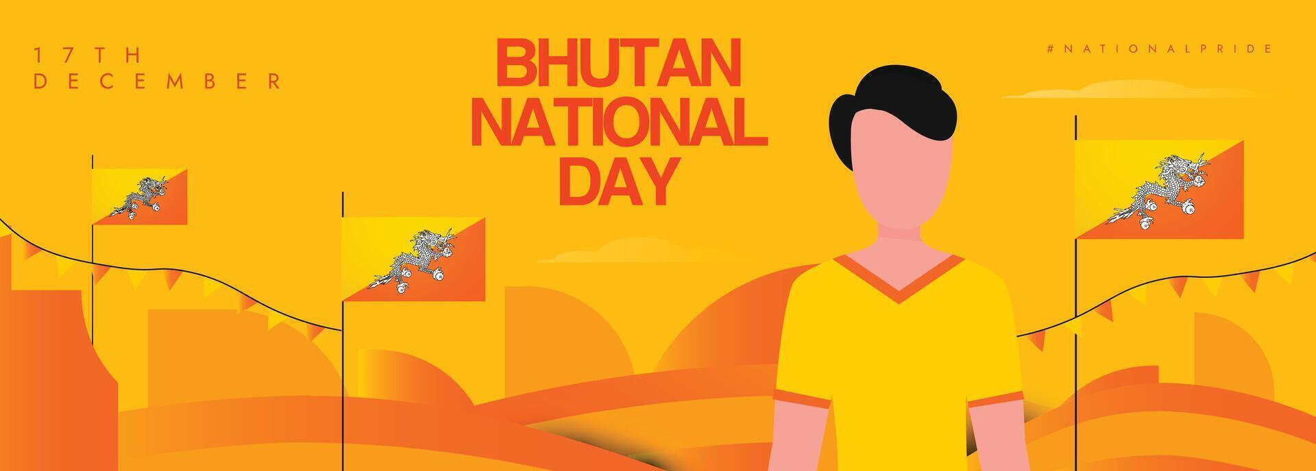 Bhutan National Day 17th December. National day of Bhutan celebration banner with its flags, man wearing yellow shirt, abstract art vector