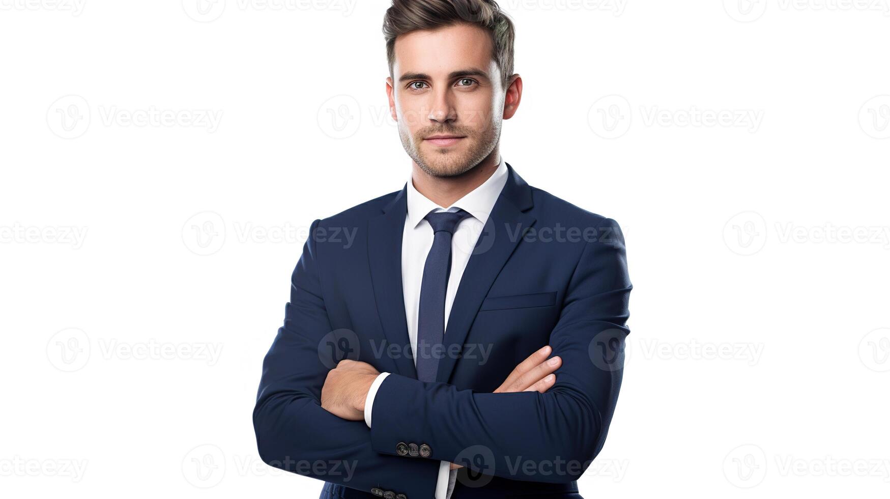 A man in a suit and tie standing with his arms crossed photo