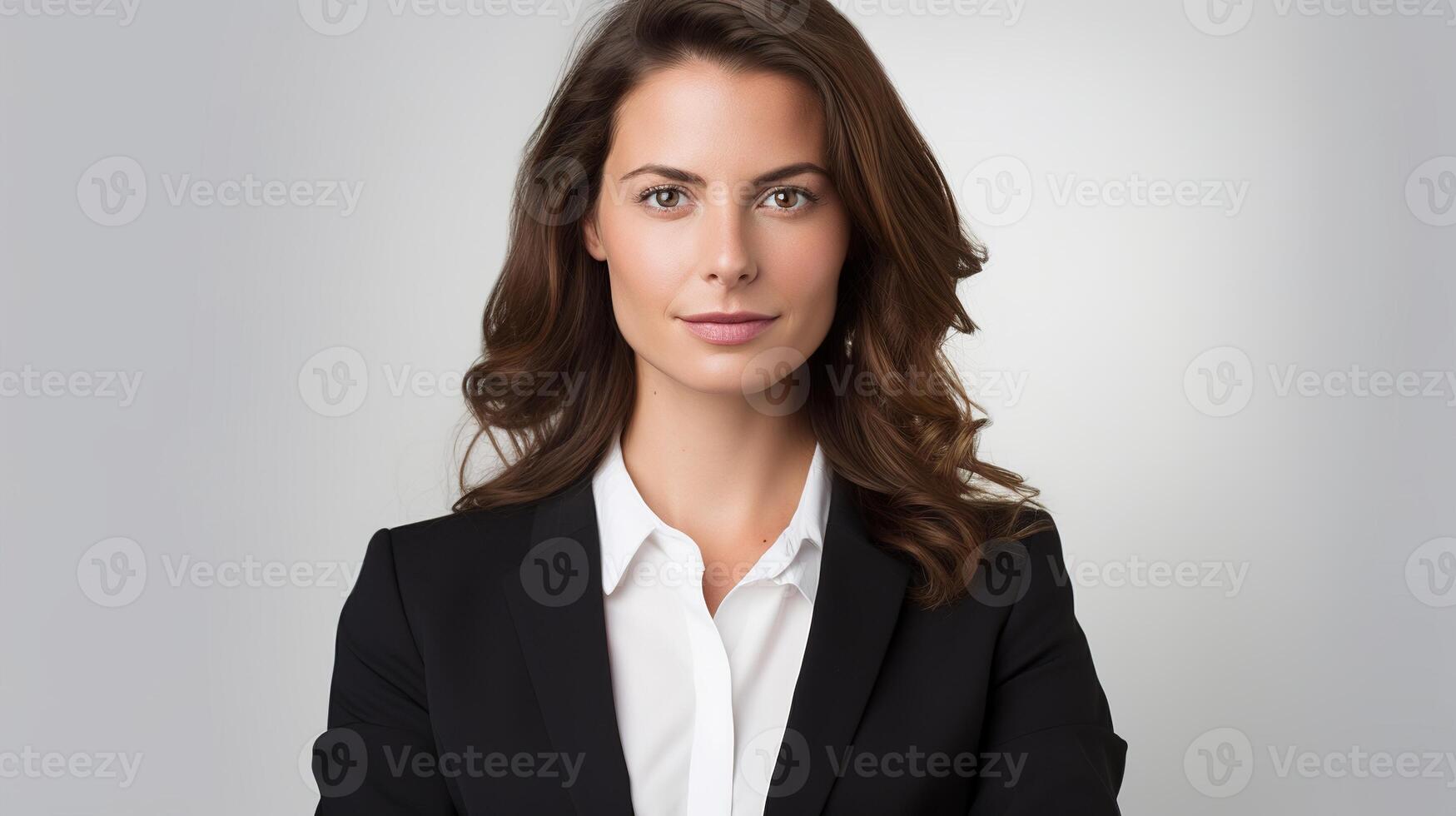 A woman in a business suit with her arms crossed photo