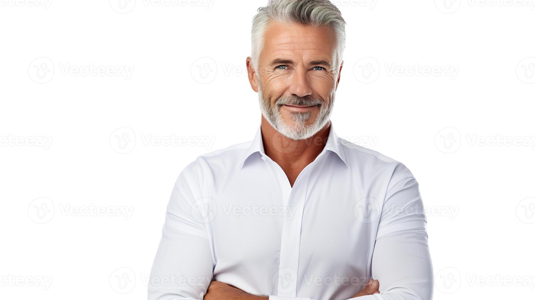 A man with a white shirt and gray hair photo