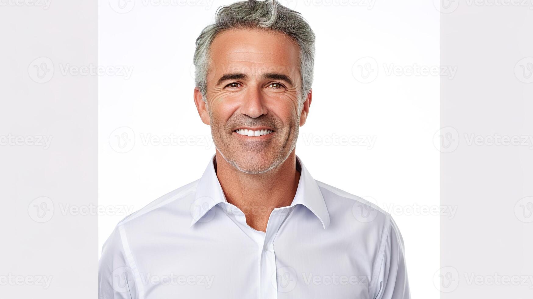 A man with gray hair and a white shirt photo