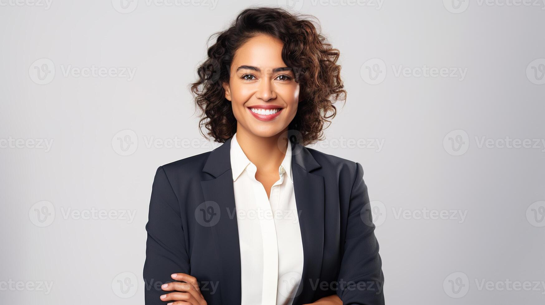 Portrait of a business woman with arms crossed over grey background photo