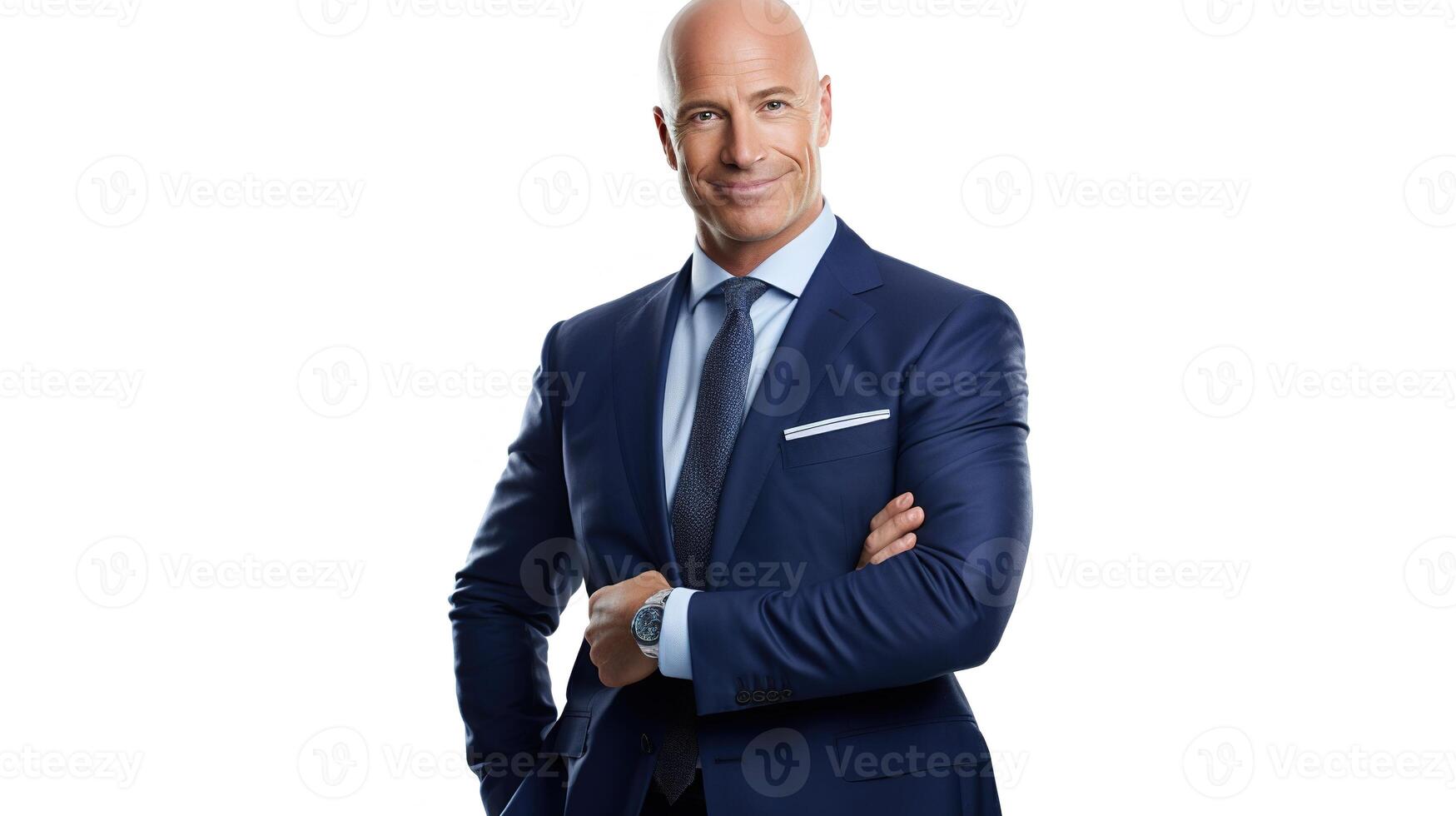 A bald man in a blue suit and tie photo