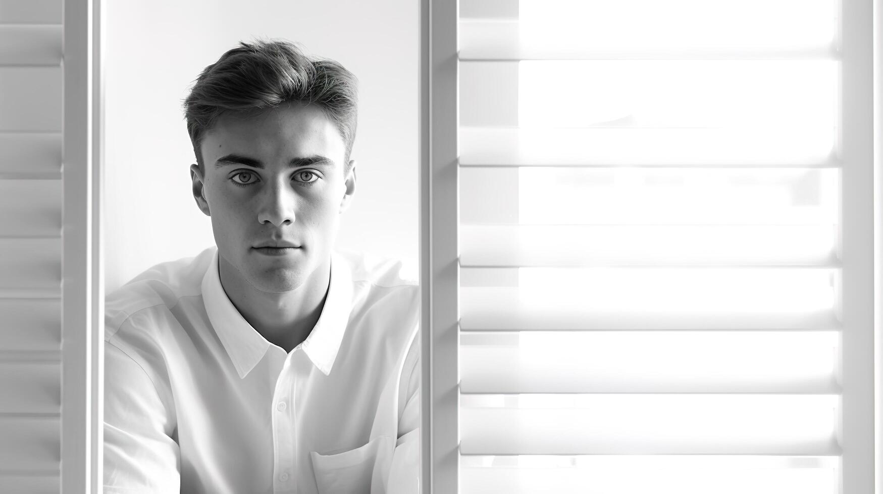 A man in a white shirt looking out a window photo