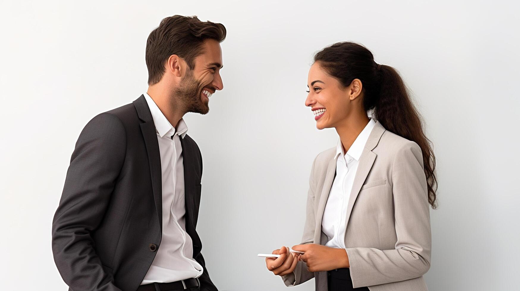 A man and woman in business attire talking photo