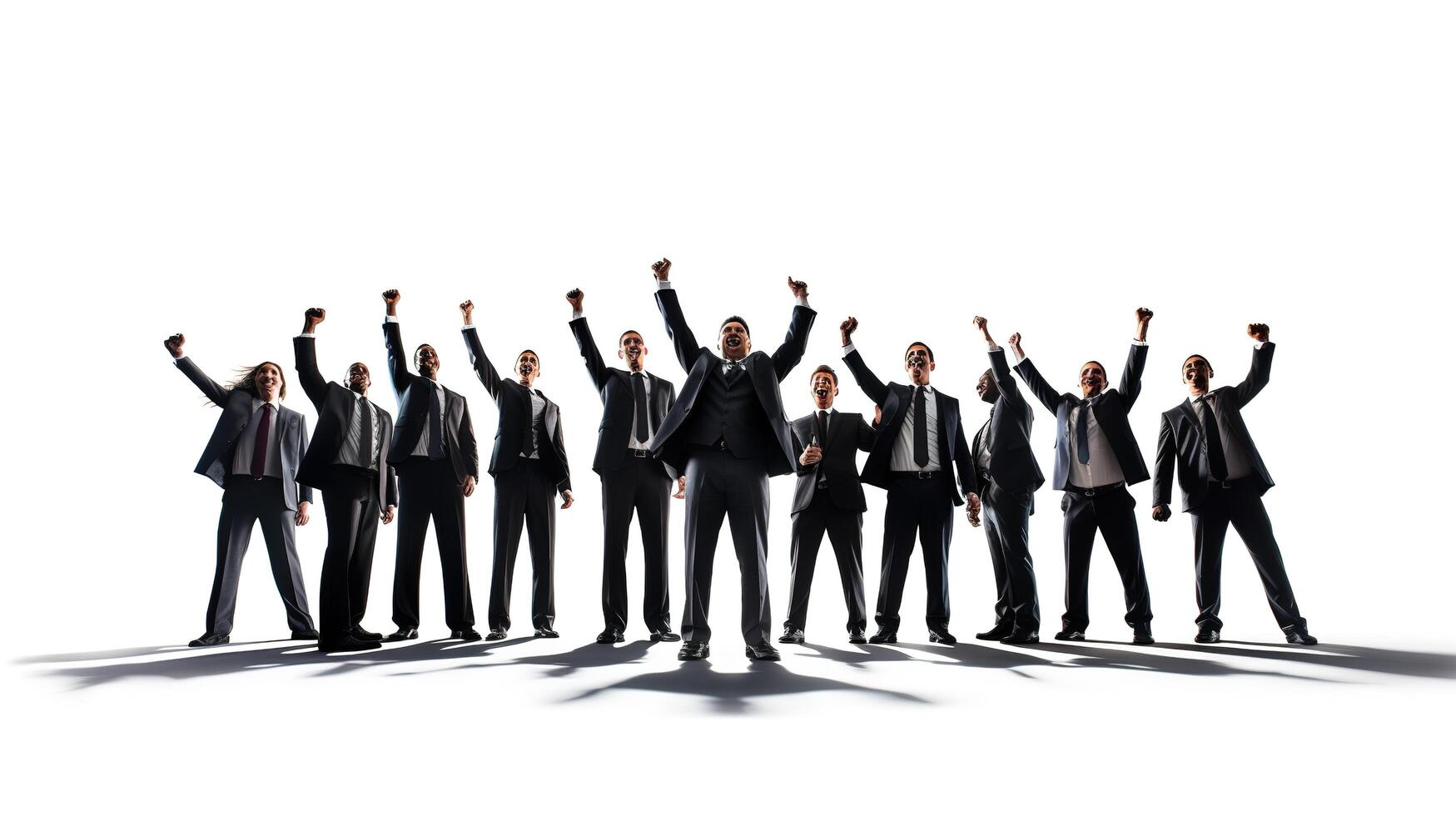 Business people standing in a row with their hands up photo