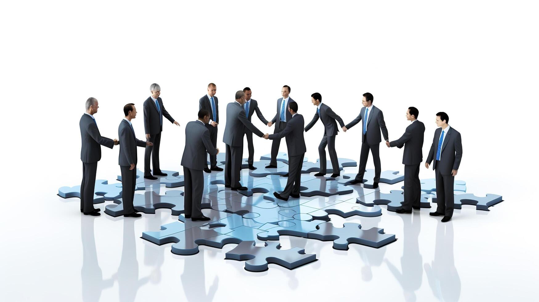 Business people standing around a puzzle piece photo