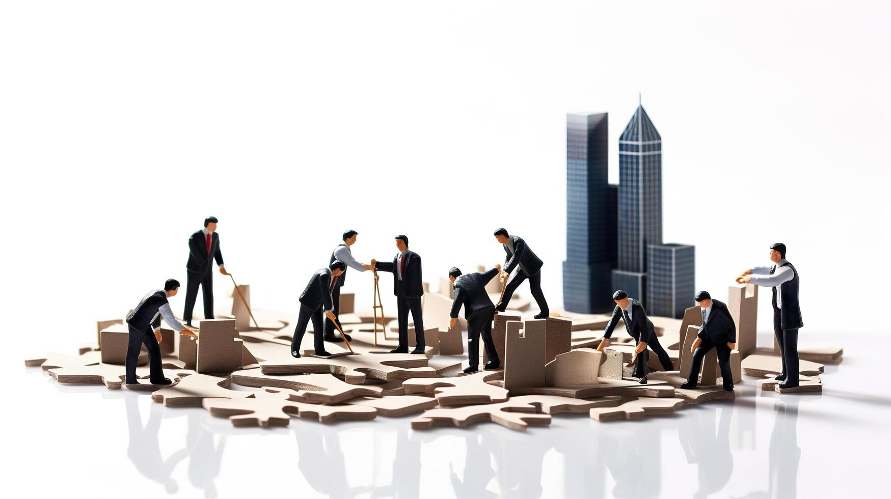A group of people in suits standing around a piece of paper photo