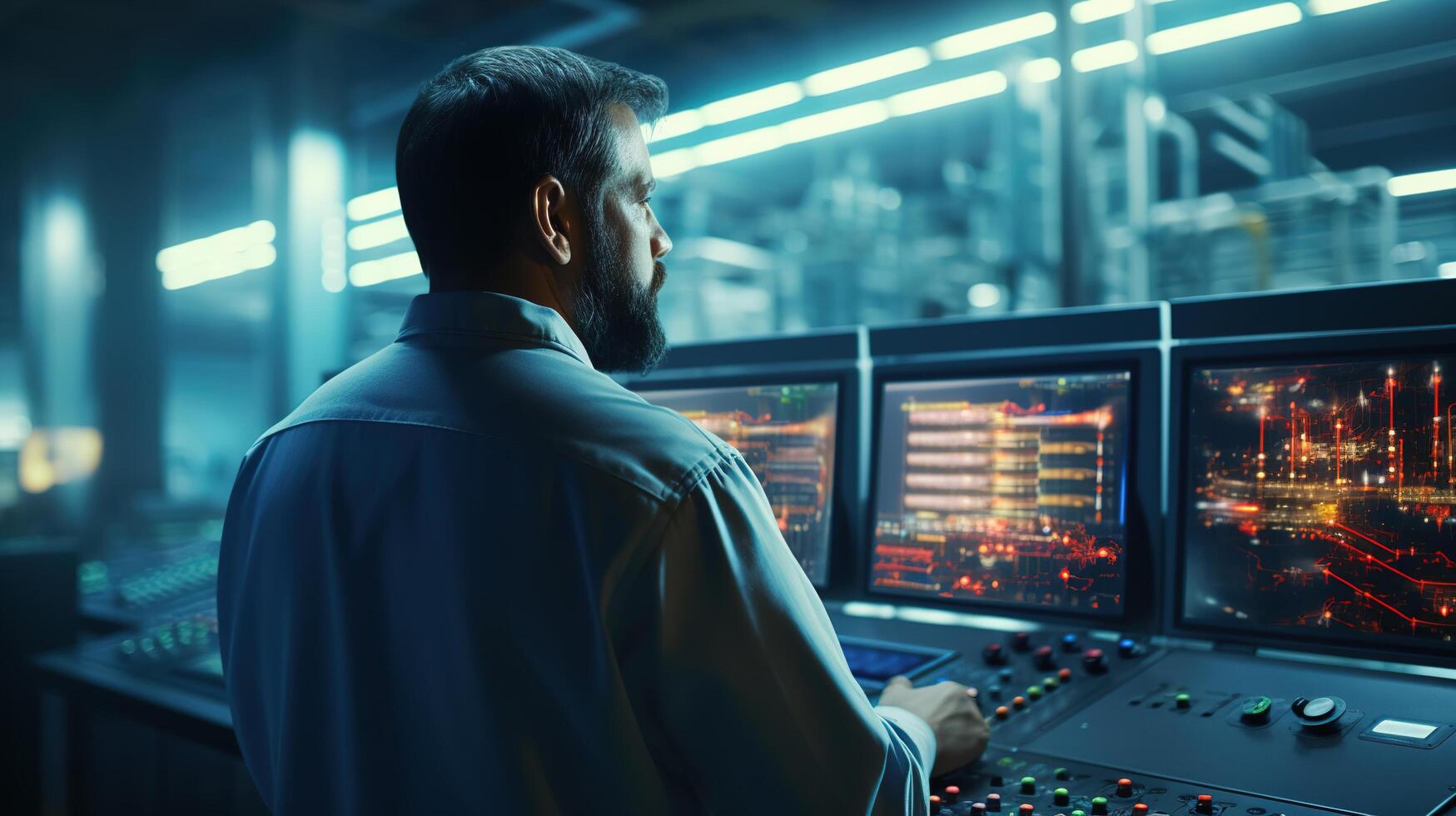 A man in a lab is looking at a computer screen photo