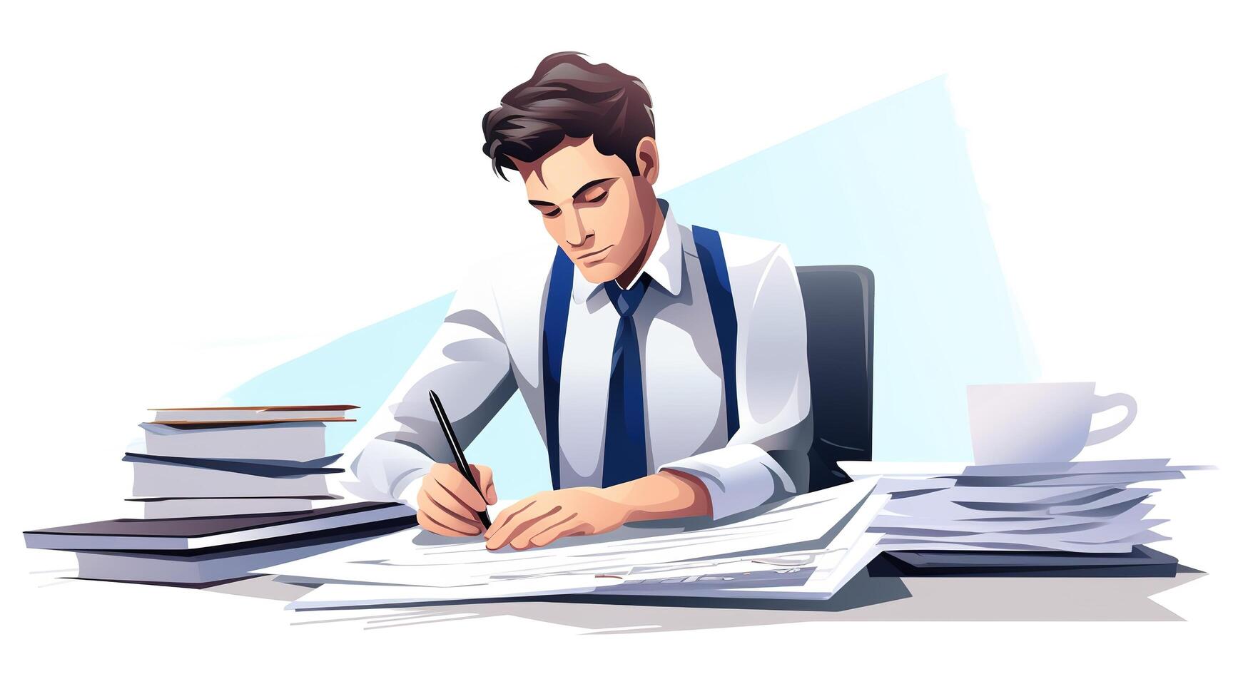 A man in a tie is sitting at a desk with papers and a pen photo