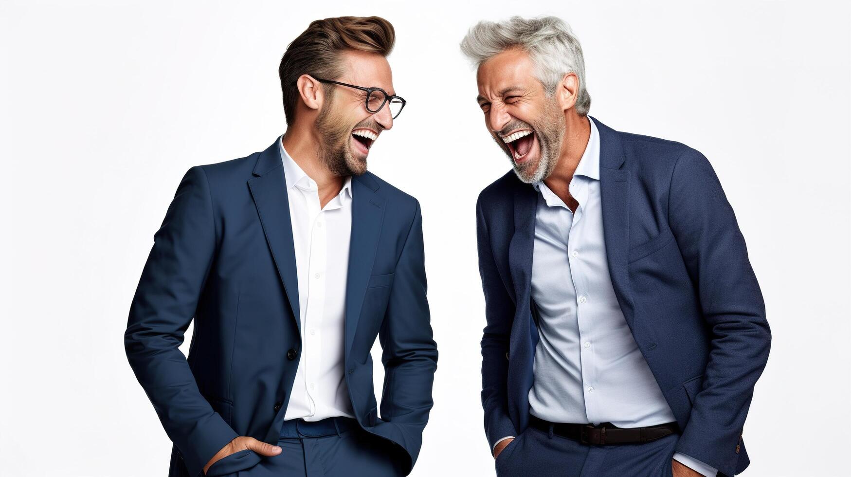 Two men in suits laughing together photo