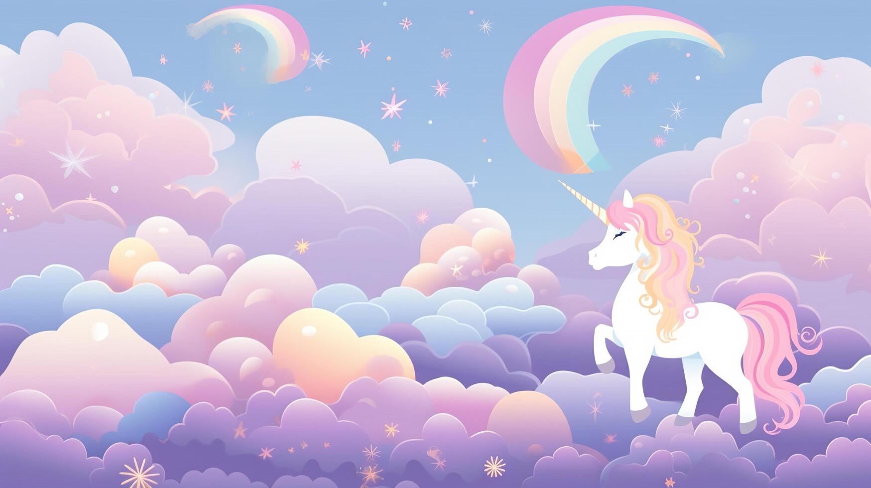Unicorn in the clouds with rainbow and stars photo