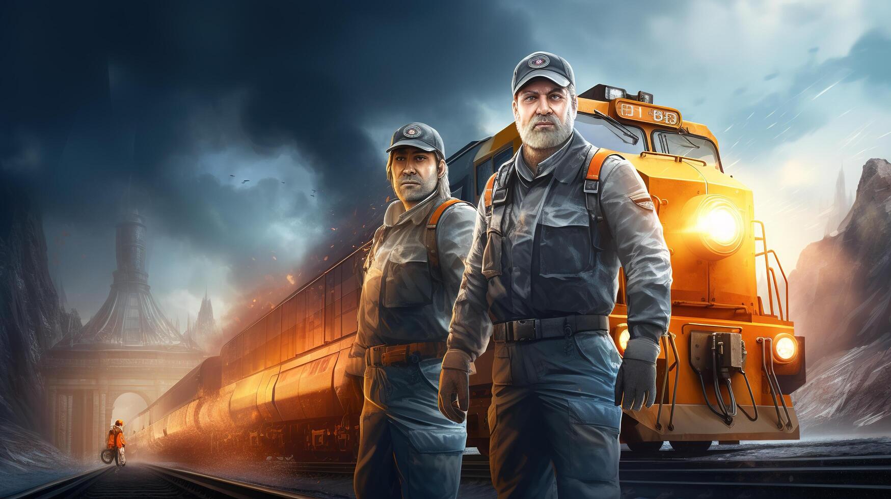 Two men standing next to a train in front of a mountain photo
