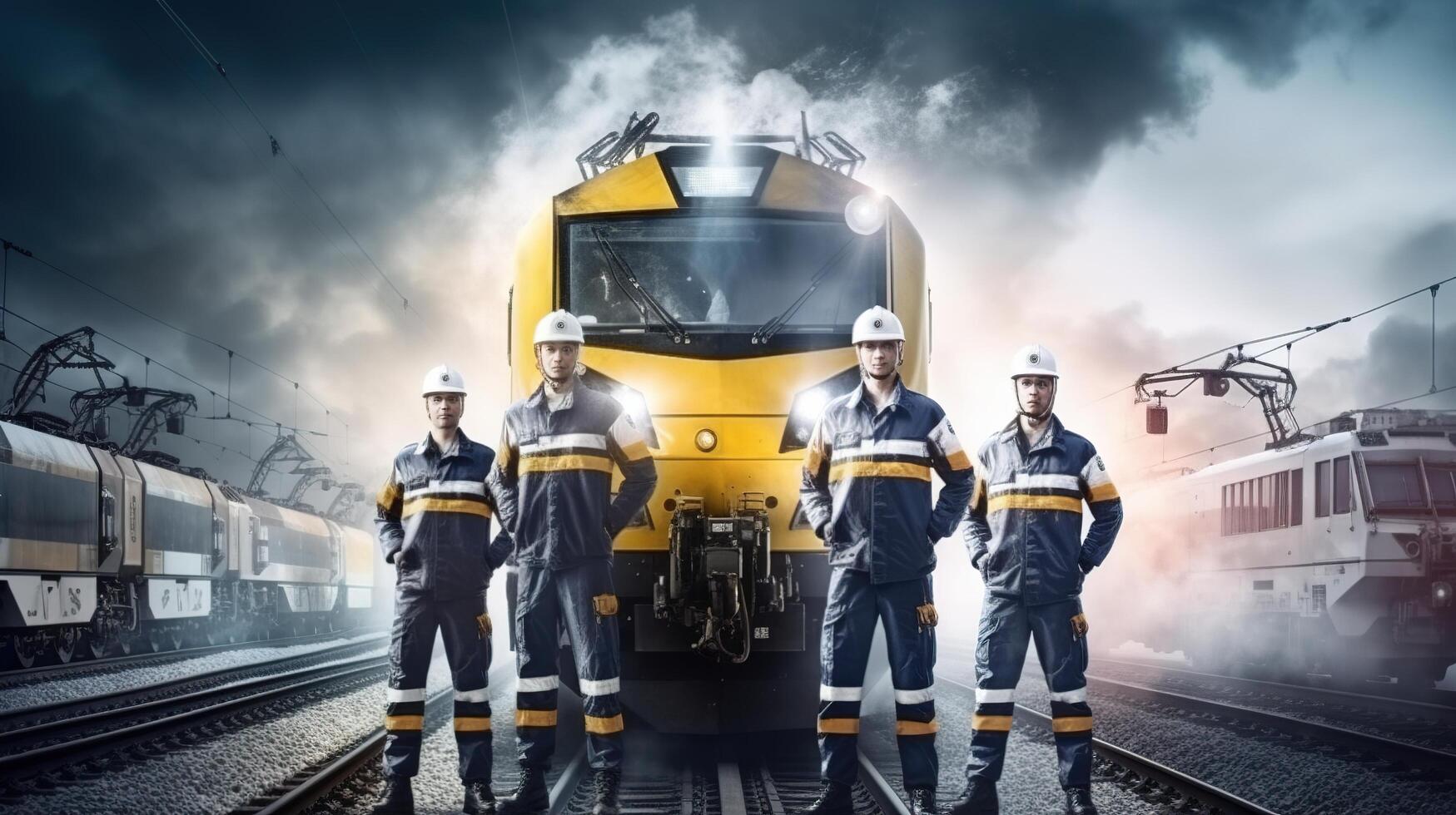 A group of men in hard hats standing next to a train photo