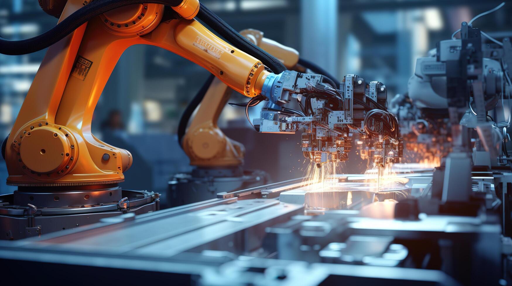 Robots working on a machine in an industrial factory photo
