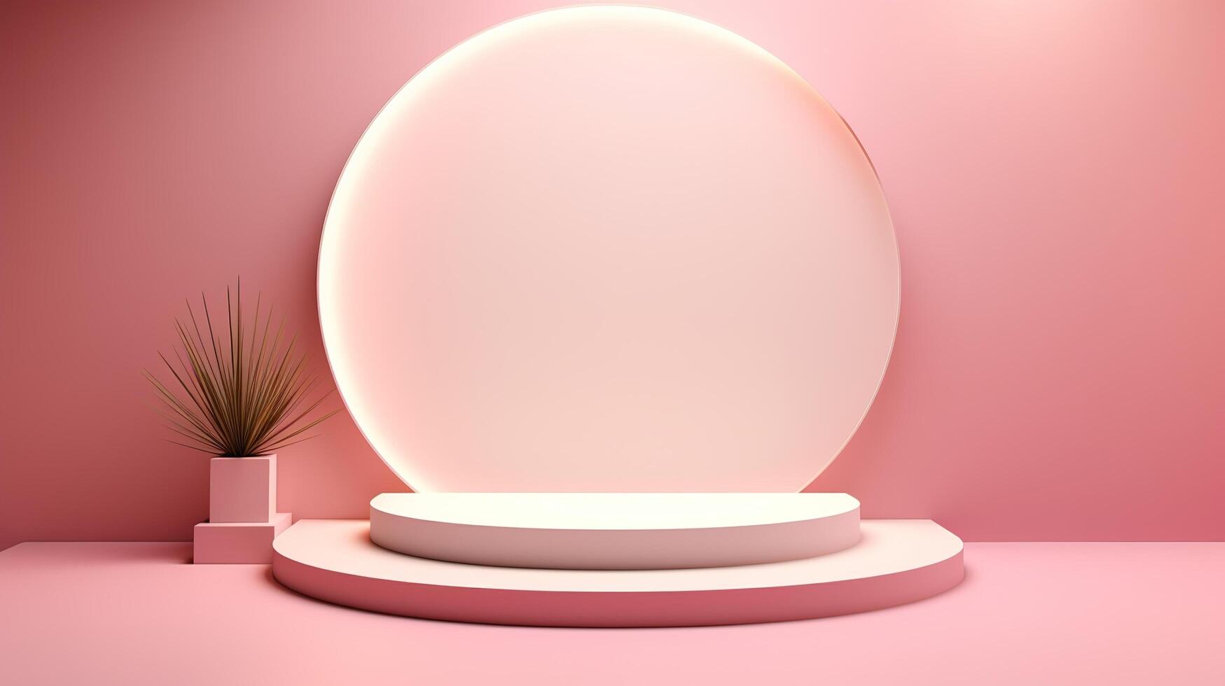 3d rendering of a white oval stage with a potted plant photo