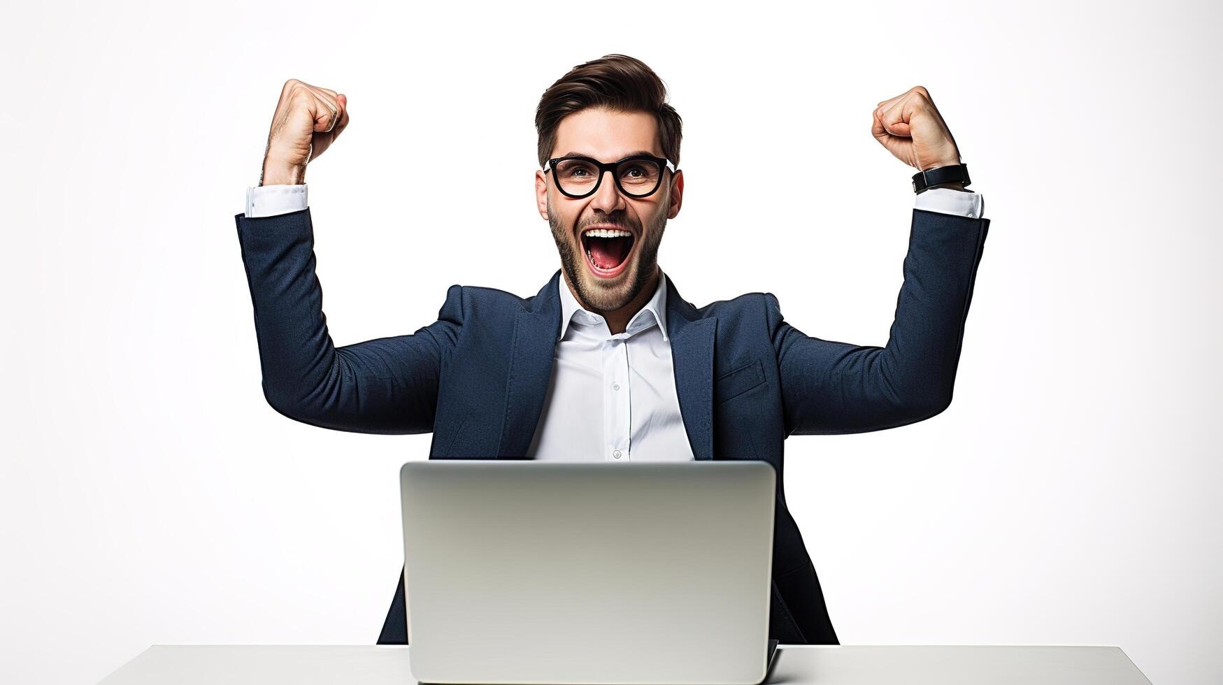 A man in a suit and glasses is sitting at a desk with his arms up photo