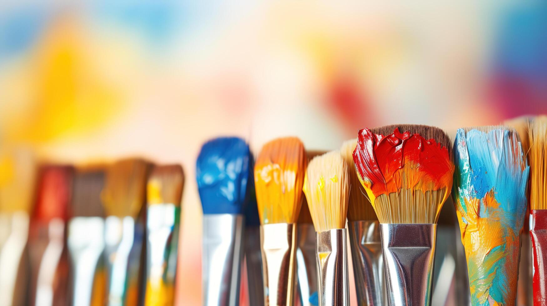 Many paint brushes are lined up in a row photo