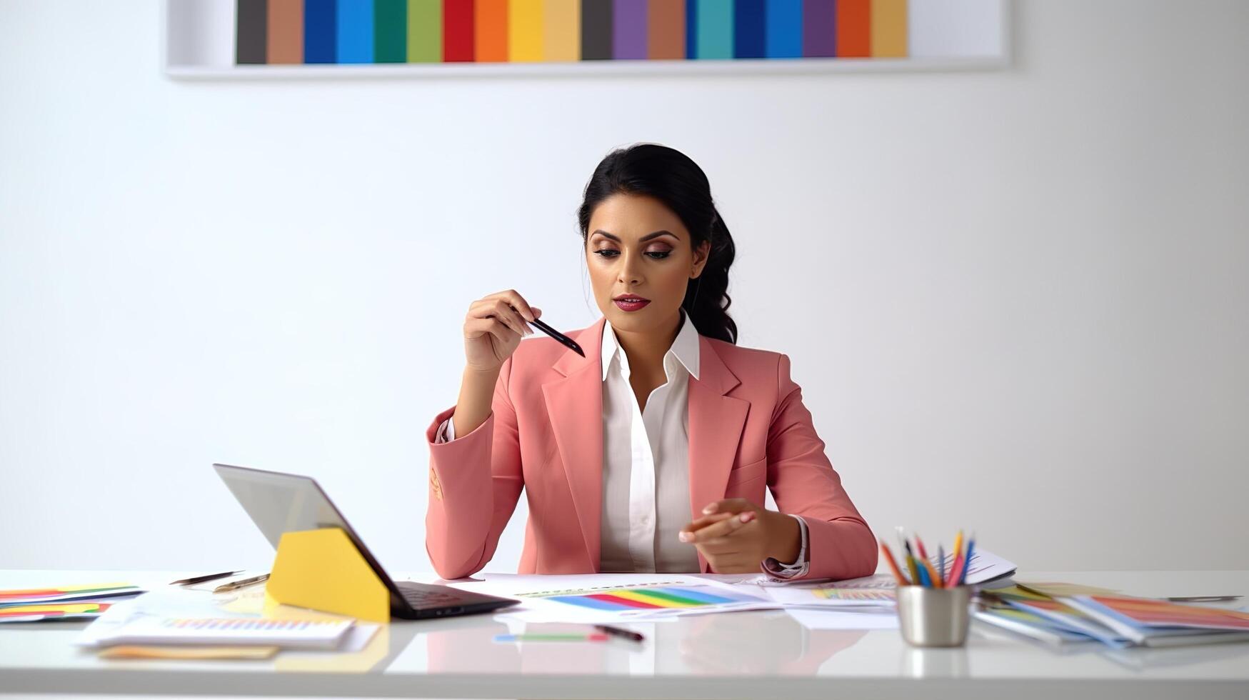 A woman in a pink suit sitting at a desk with a laptop photo