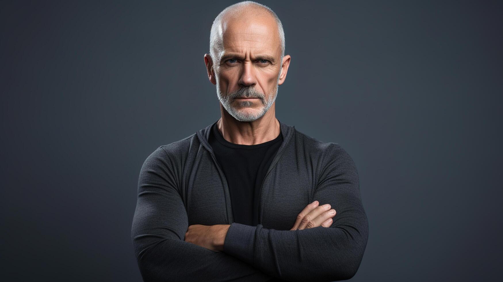 An older bald man with arms crossed standing in front of a dark background photo