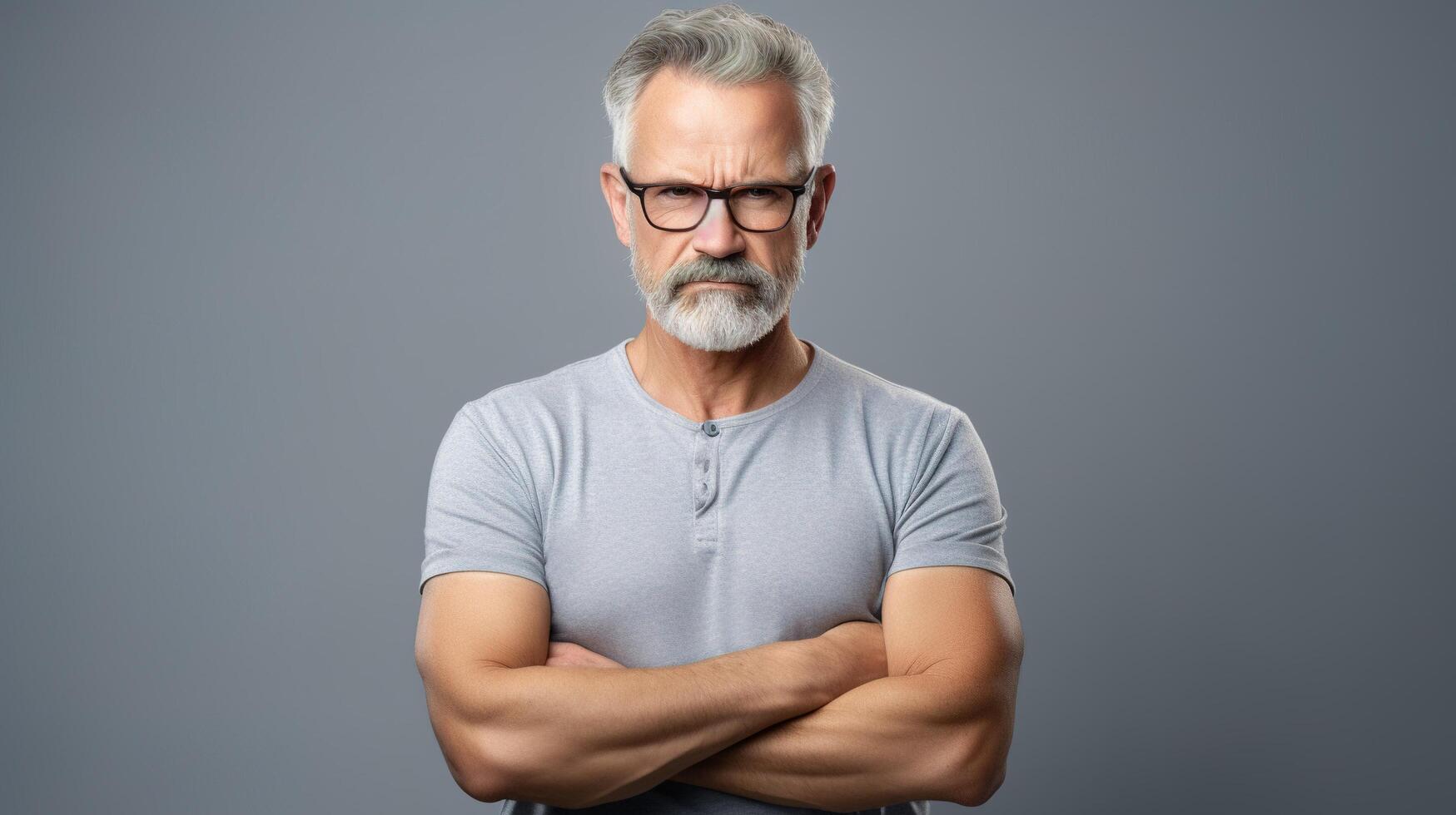 An older man with glasses and a beard standing with his arms crossed photo