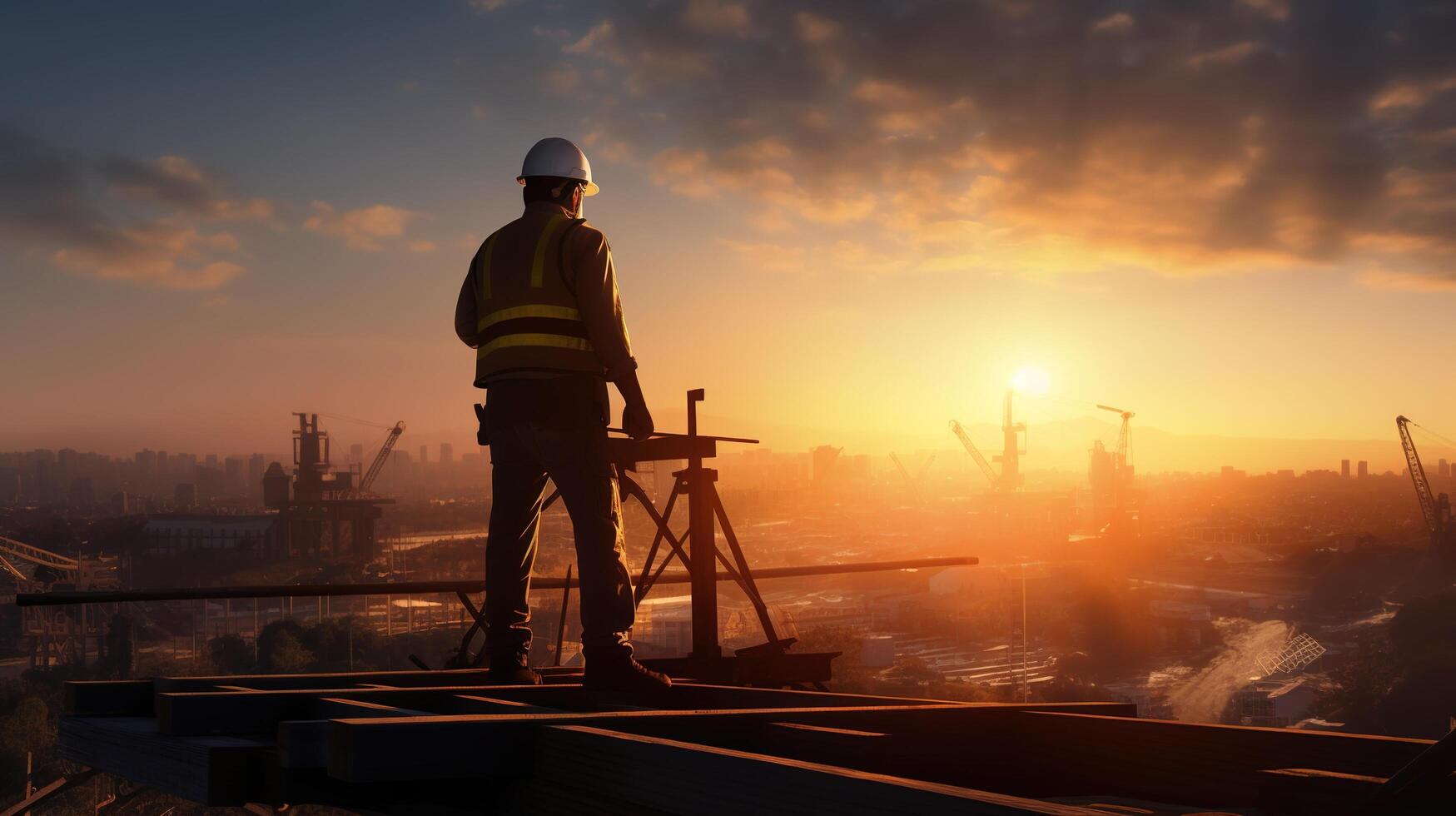 A construction worker standing on a platform overlooking the sunset photo