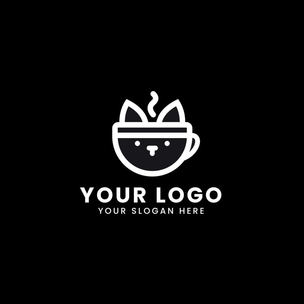 cat logo with coffee cup pet shop minimalist icon symbol illustration design vector
