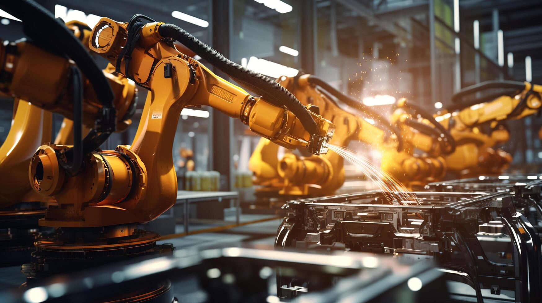 Robots in an industrial factory with a machine photo