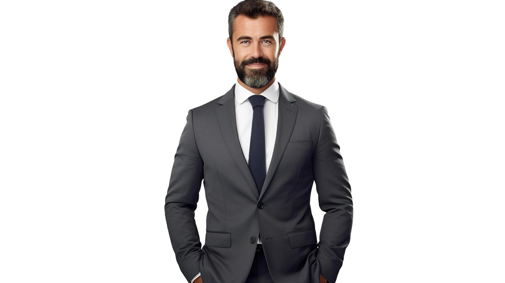 A man in a suit and tie standing with his hands on his hips photo