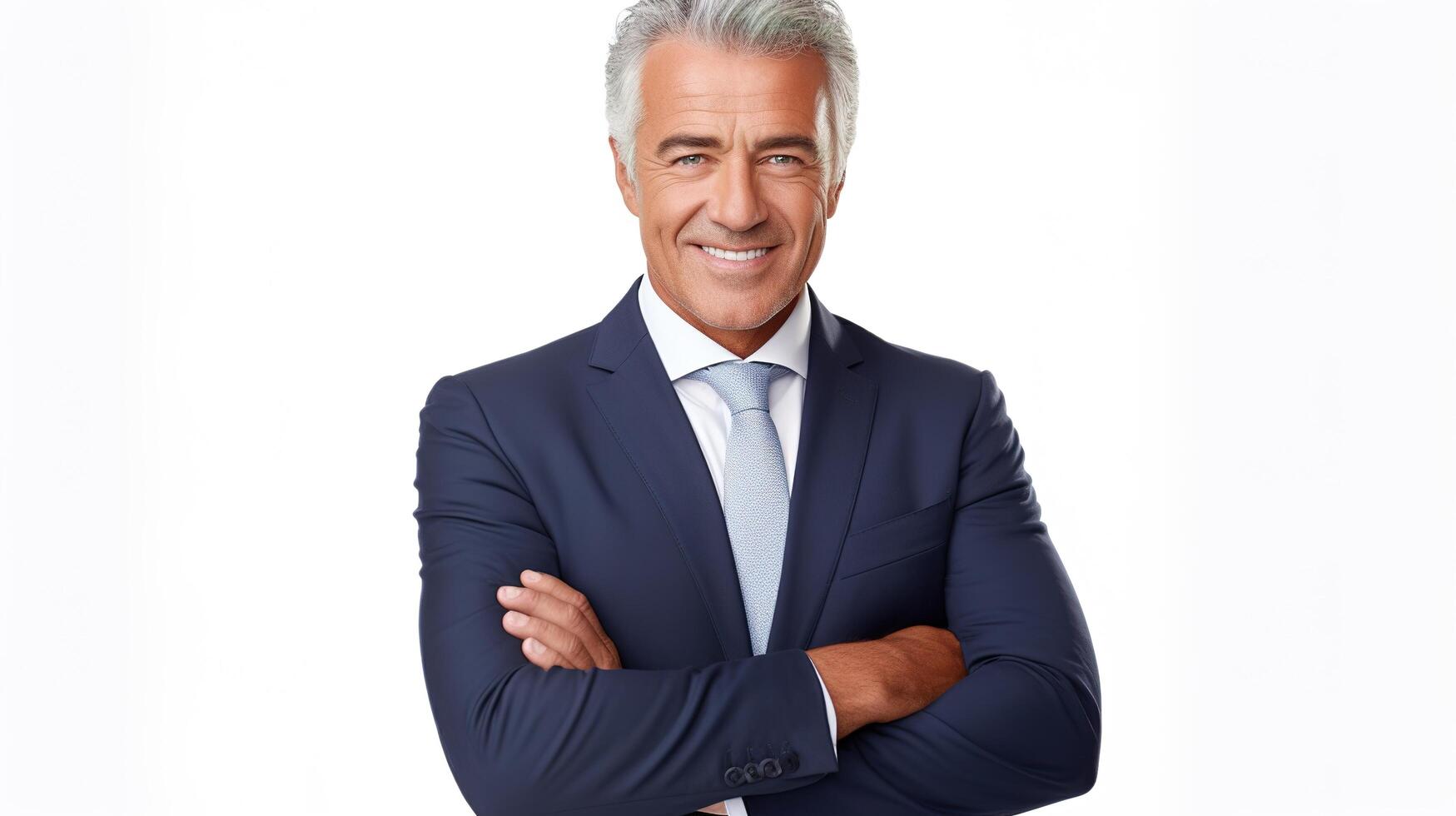 A man in a suit and tie standing with his arms crossed photo