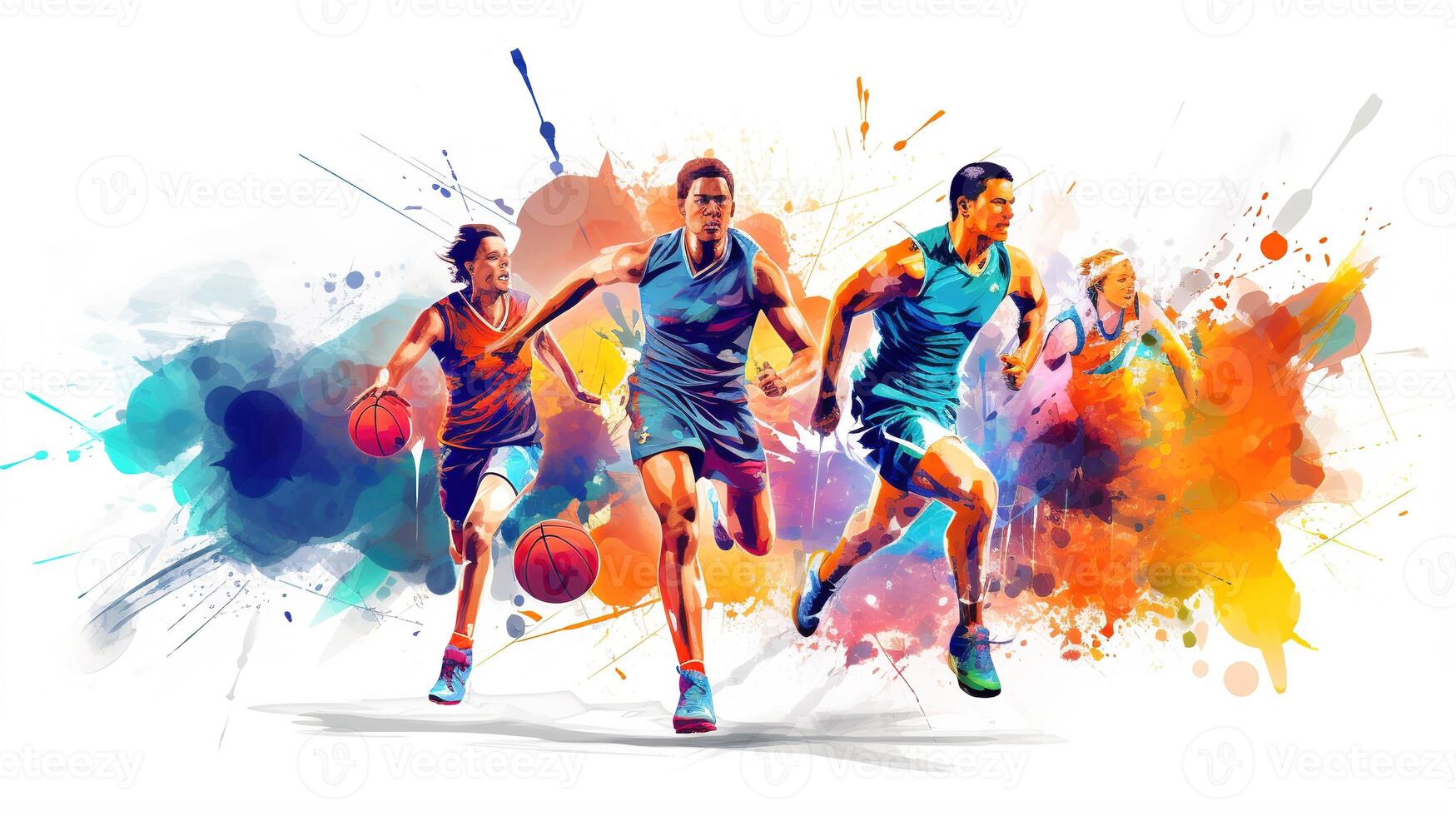Basketball players running and playing with paint splatters photo