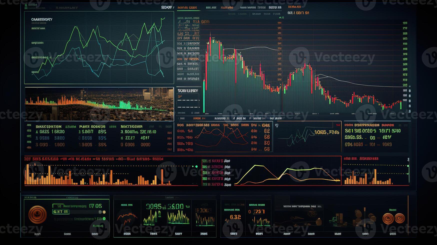 A dark screen with various graphs and charts photo
