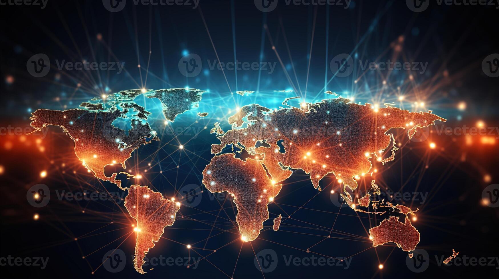 World map with network lines and dots on dark background photo