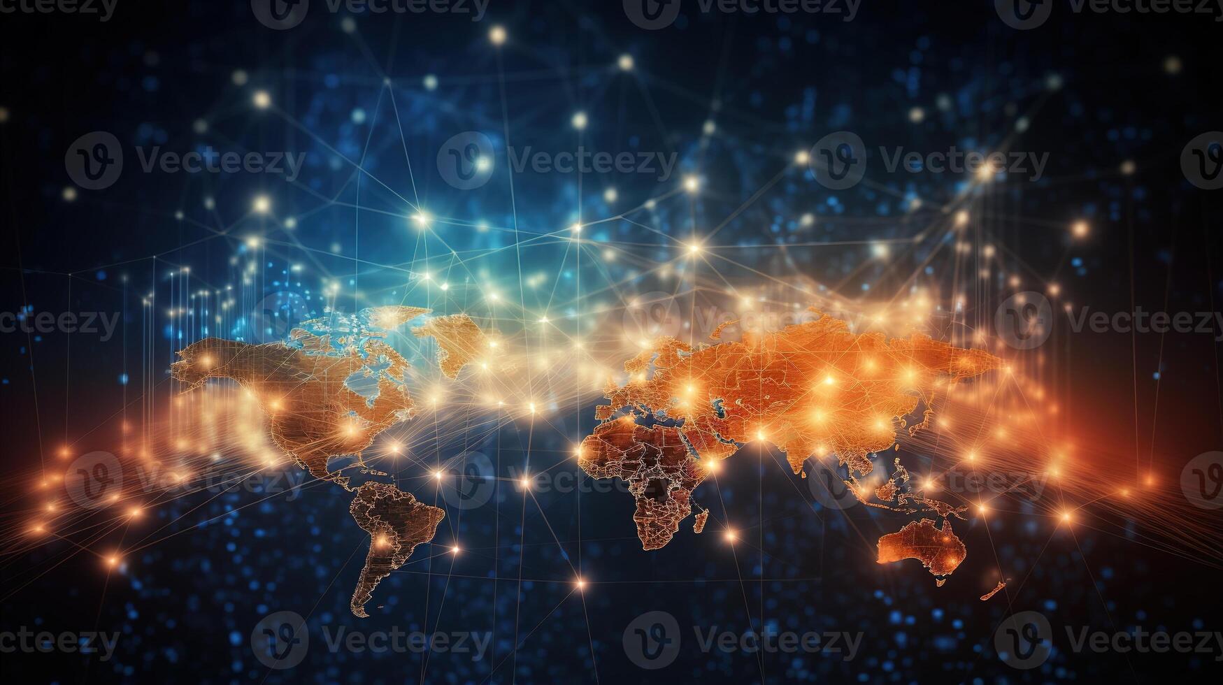 World map with network lines and dots on dark background photo