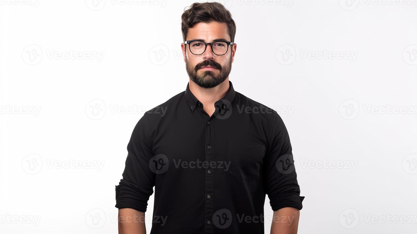 A man with glasses and a beard is standing in front of a white background photo