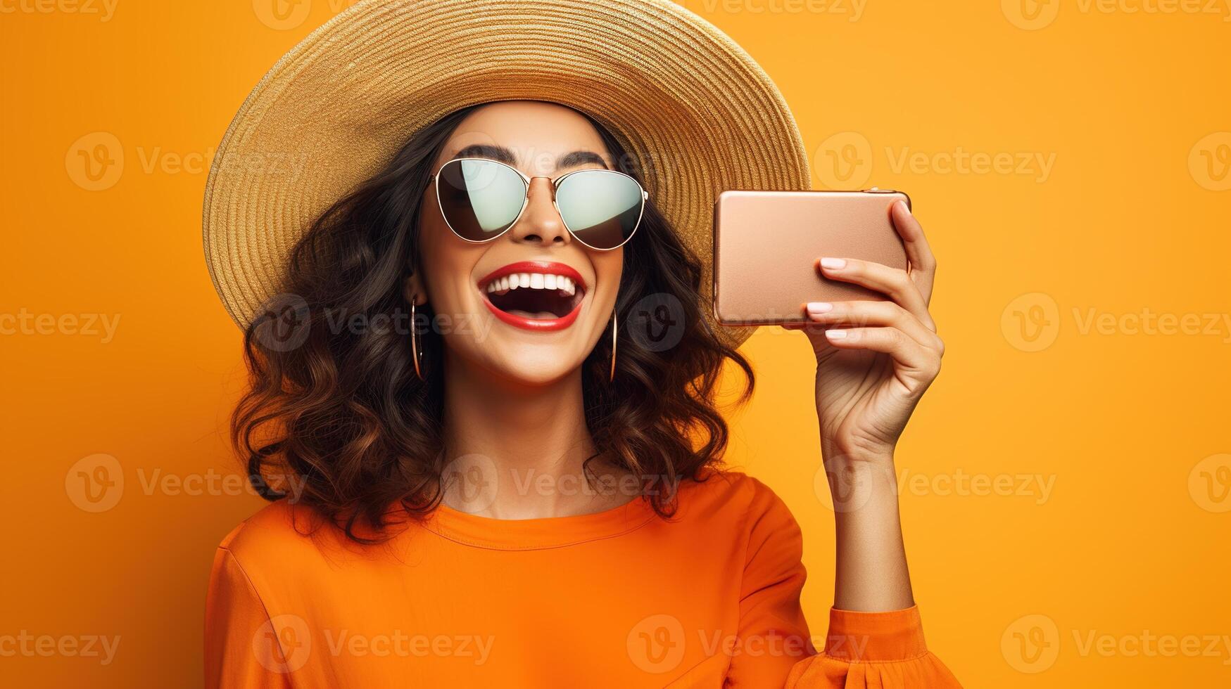 A woman in a hat and sunglasses taking a selfie photo
