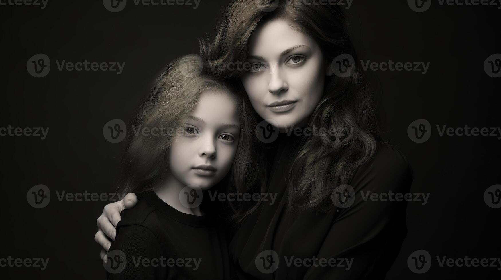 A woman and a little girl are posing for a black and white photo