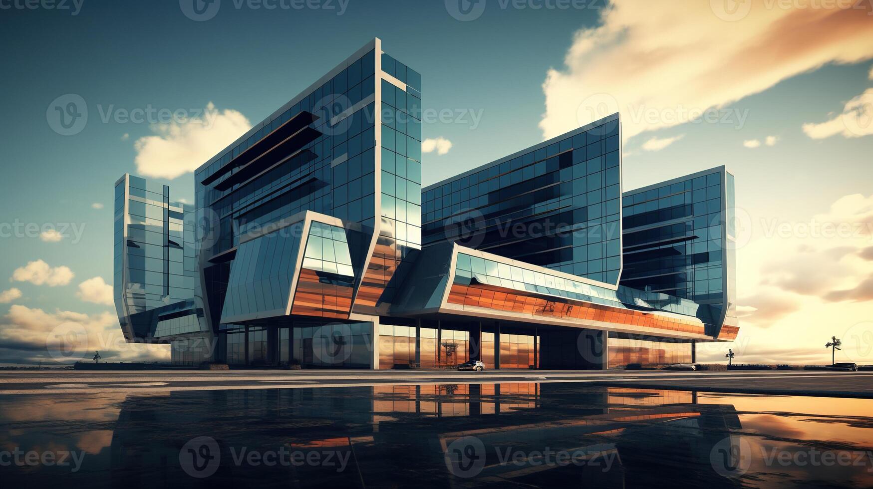 Modern office building with glass windows and reflective surface photo