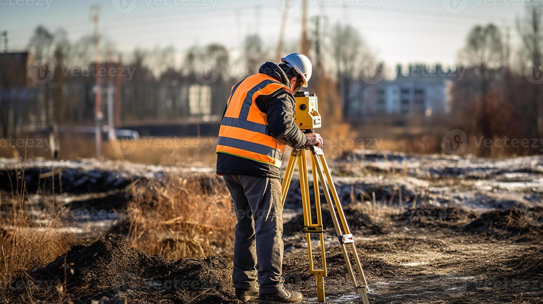 A man in an orange vest and safety vest is standing on a construction site photo