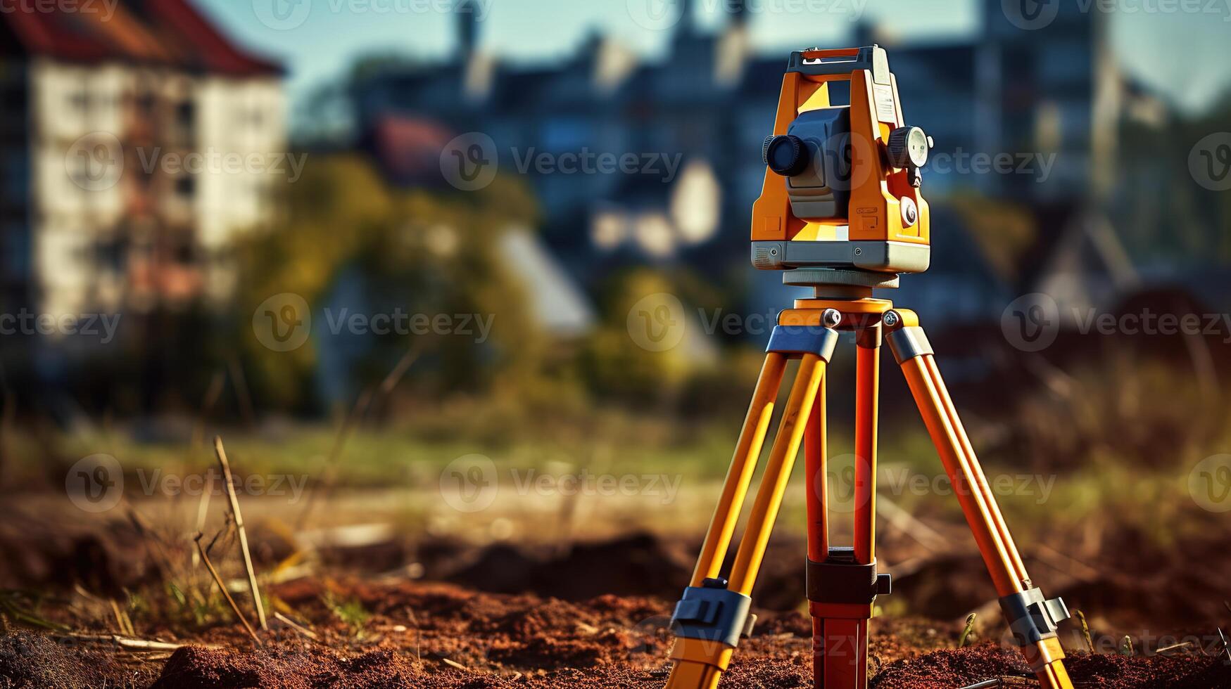 A surveyor's tripod is on the ground in front of a city photo