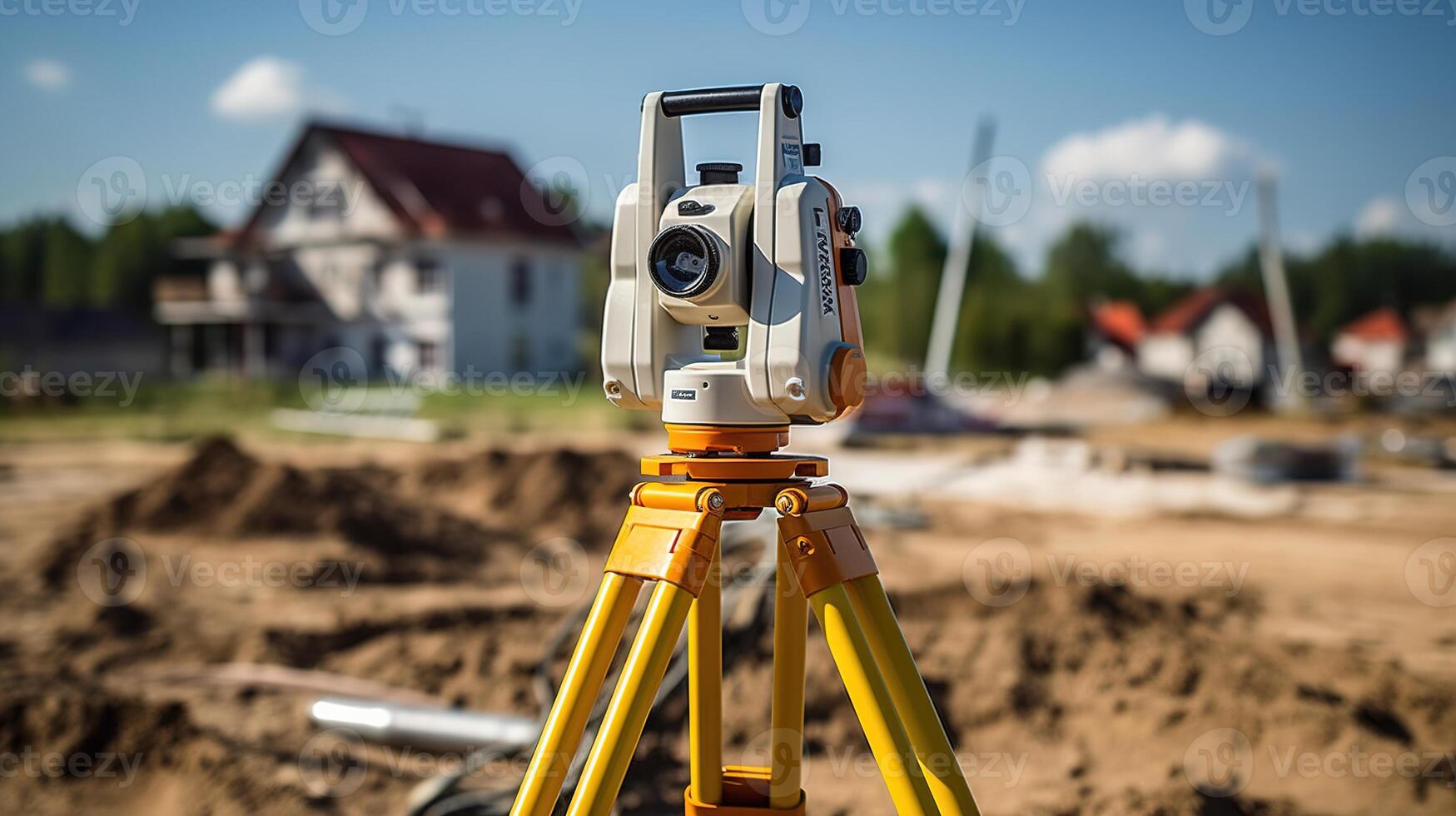 A total station on a tripod in front of a house photo
