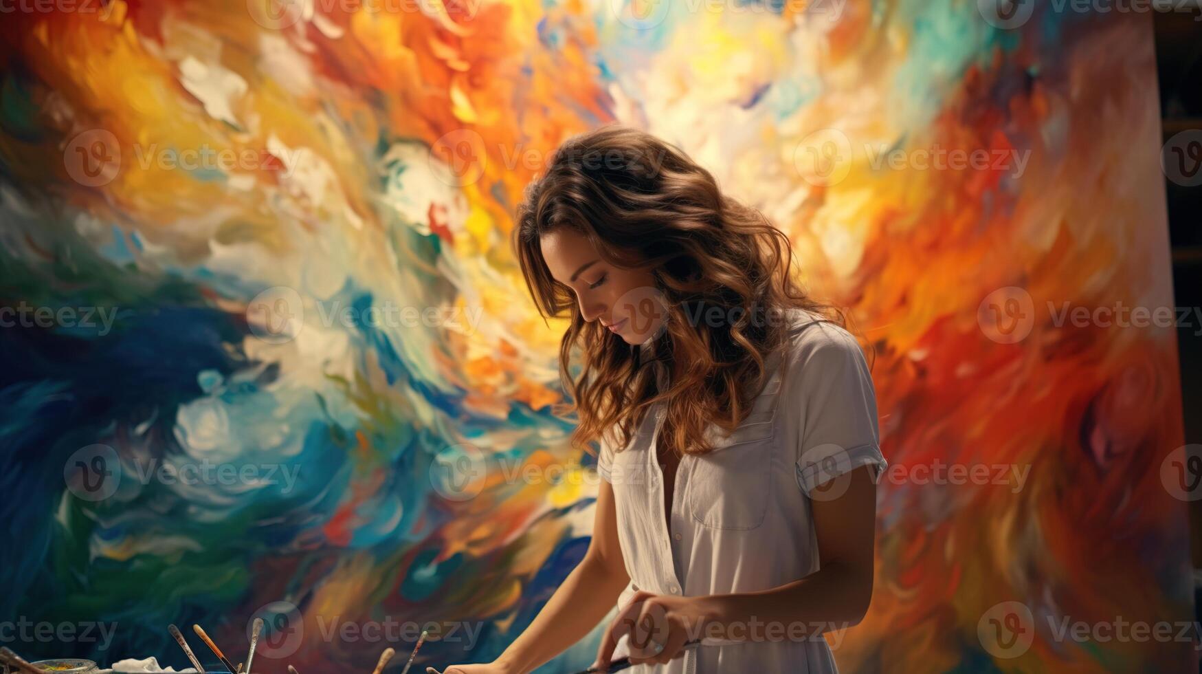 A woman painting on a canvas in front of a colorful painting photo