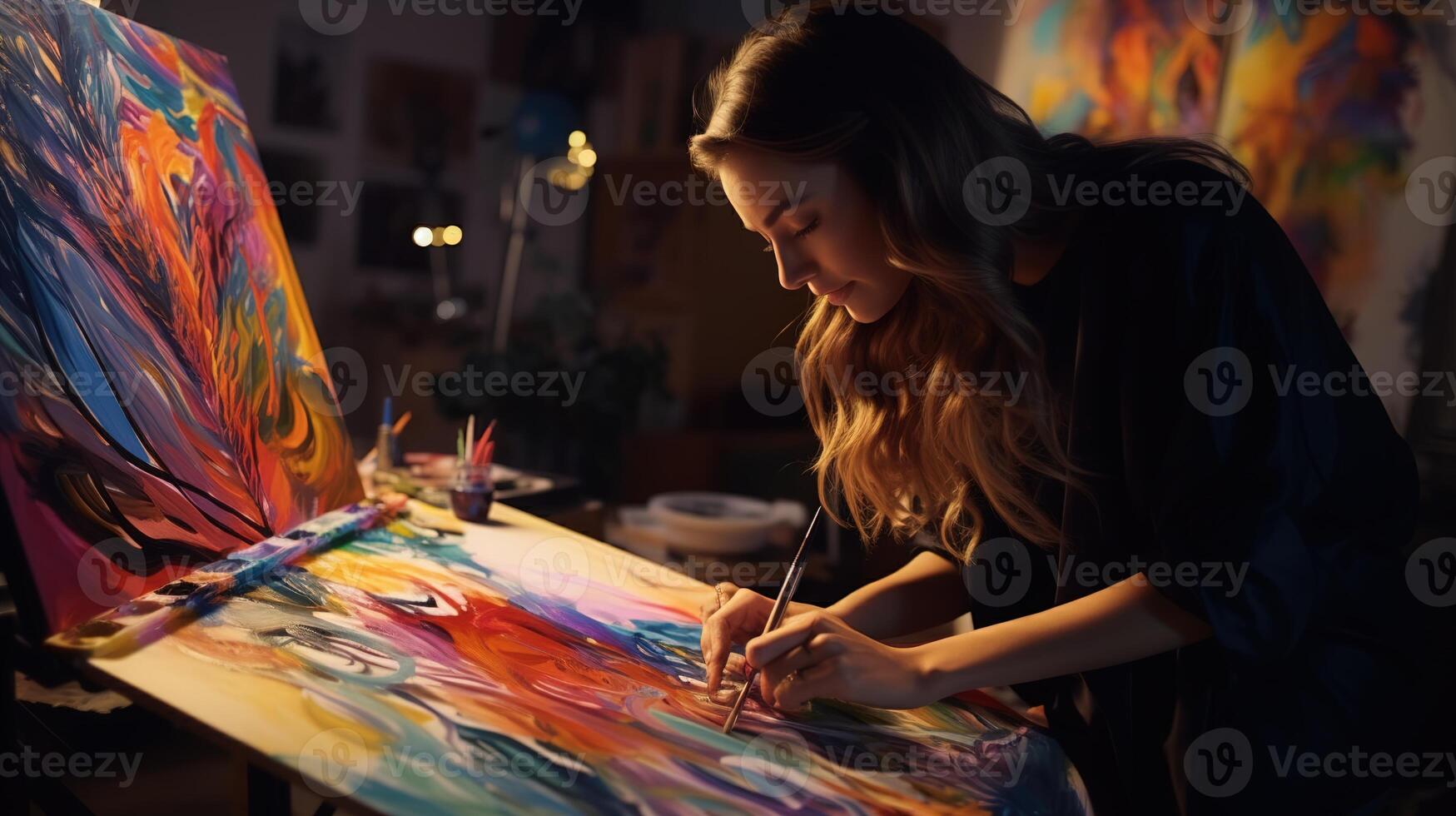 A woman is painting on an easel with colorful paint photo
