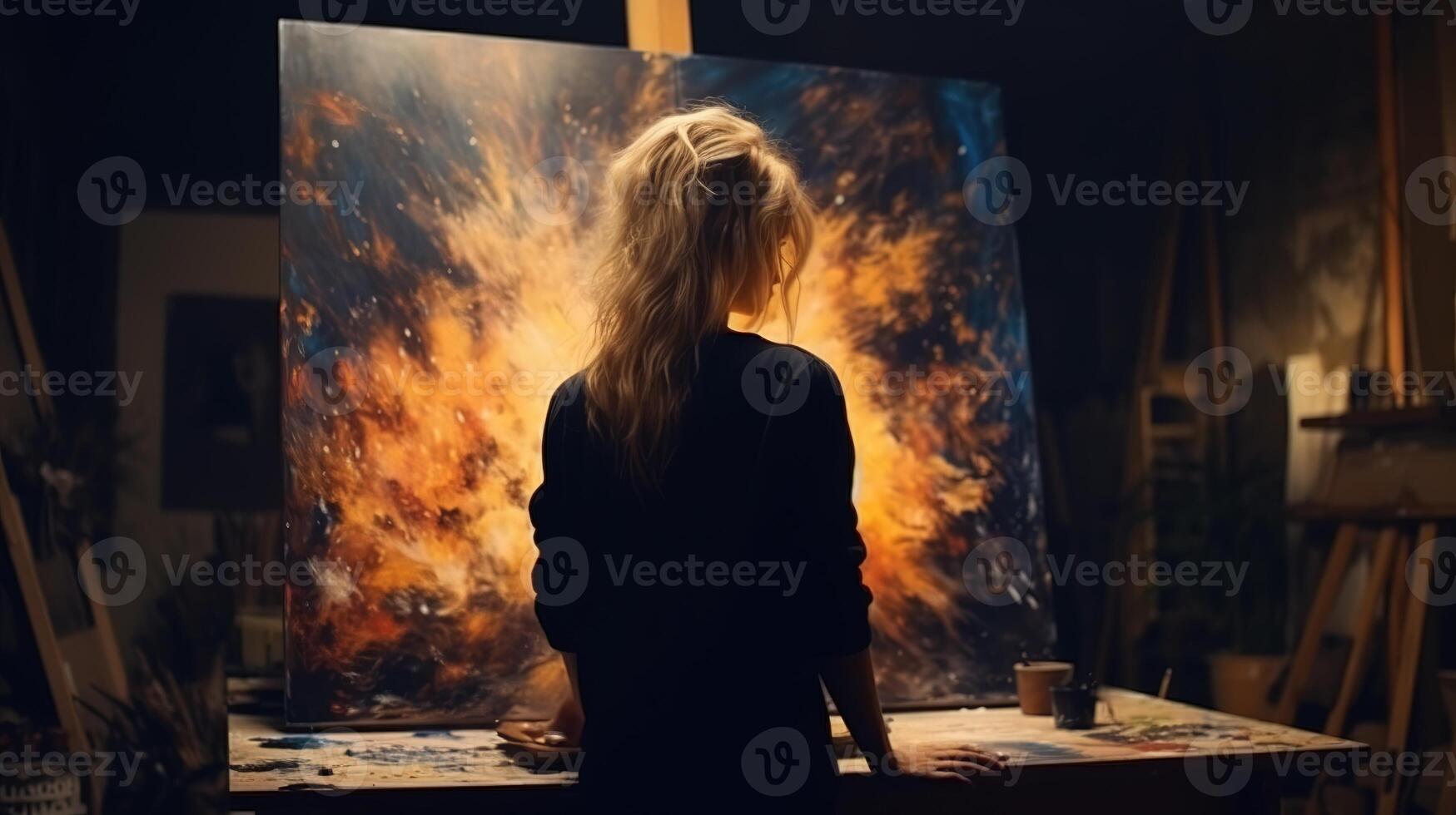 A woman is painting on a canvas in an art studio photo