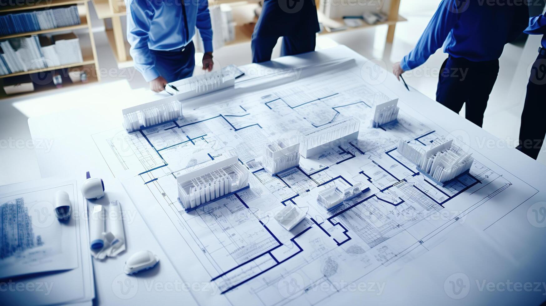 Architectural design concept with blueprints and people photo