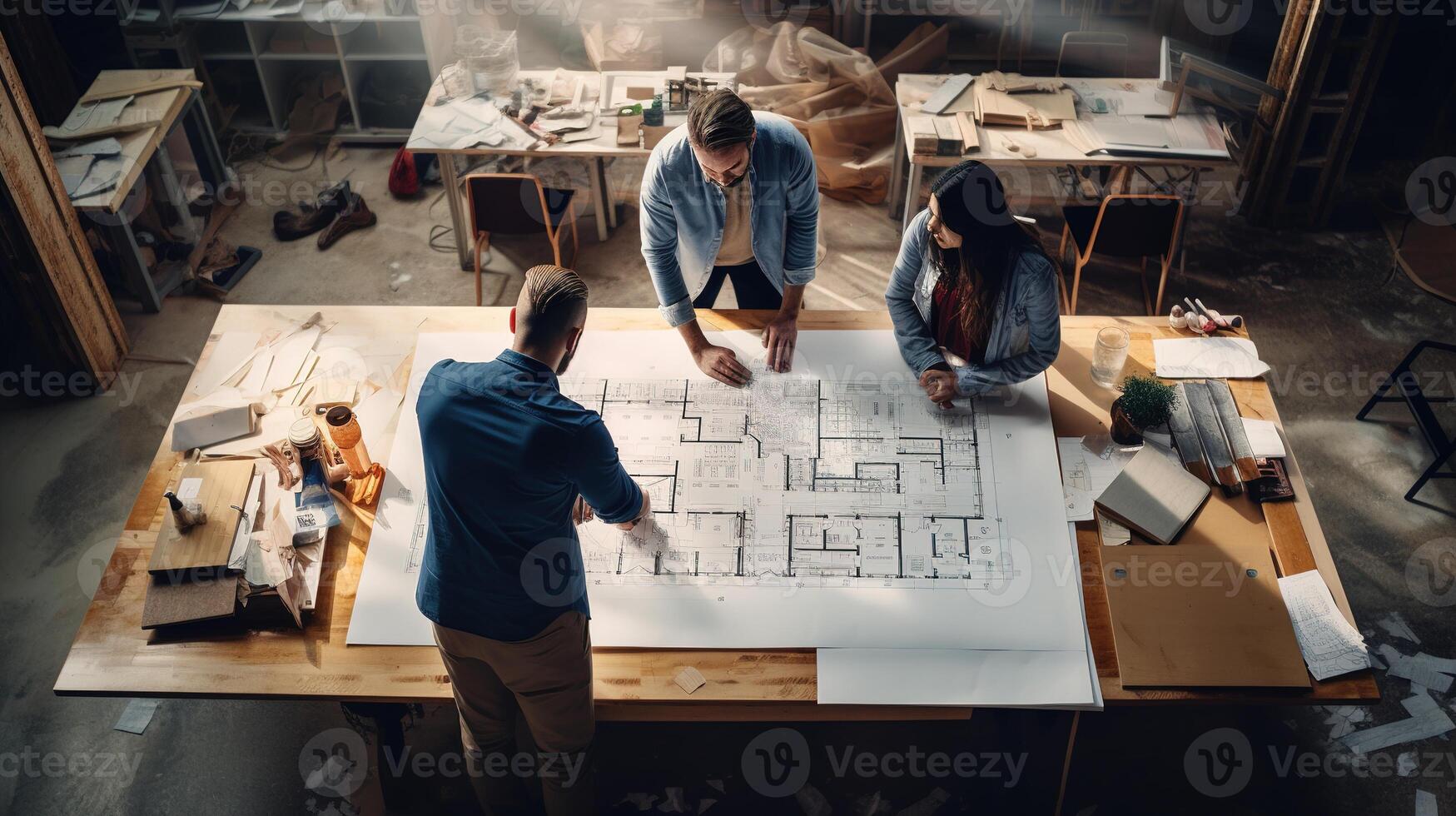 Three people working on a blueprint in an office photo