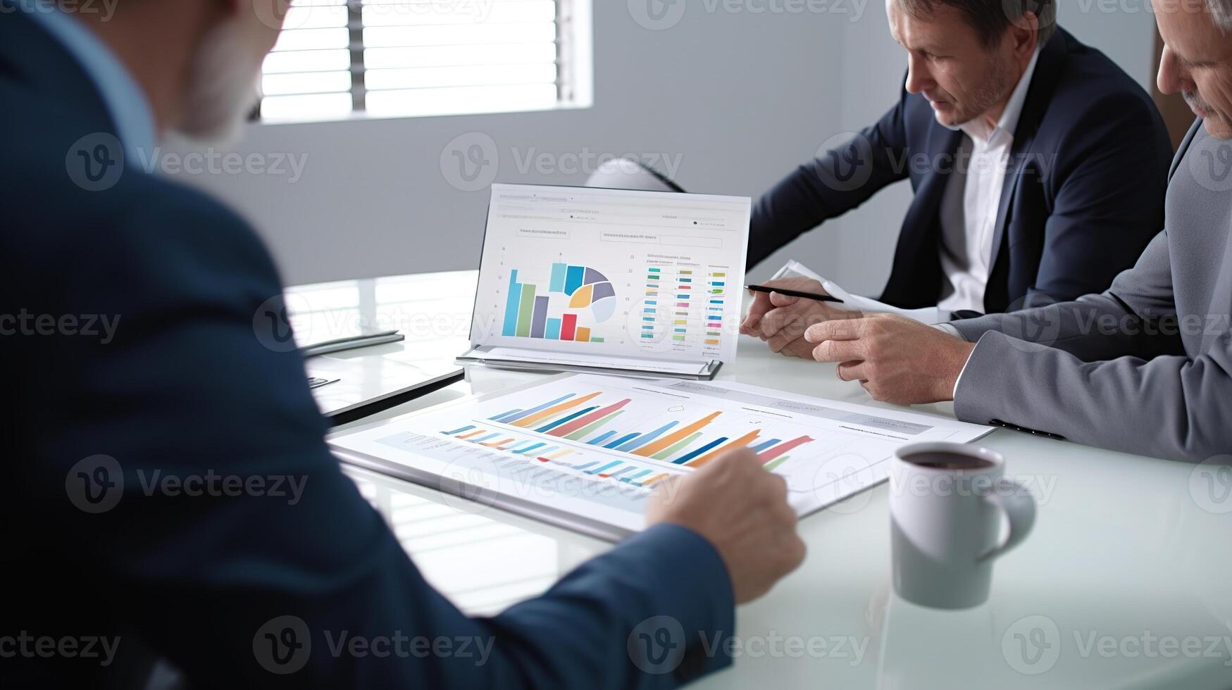 Three business people sitting at a table with a laptop and a cup of coffee photo