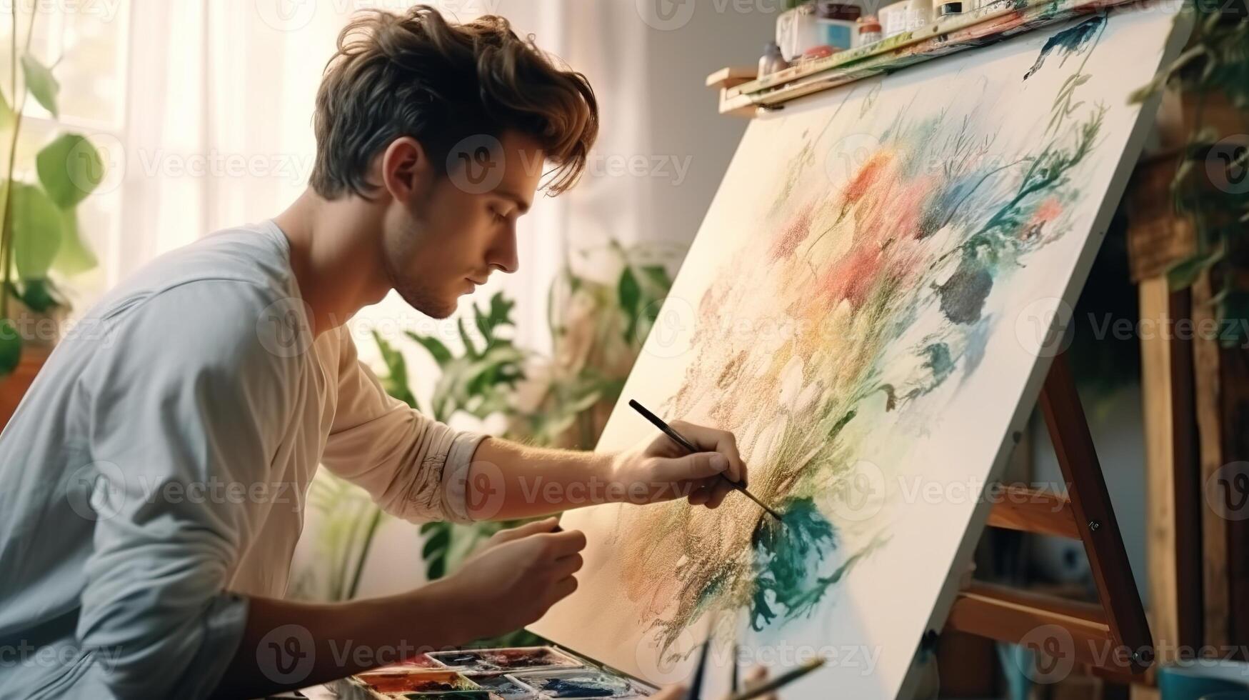 A man is painting on an easel with a brush photo