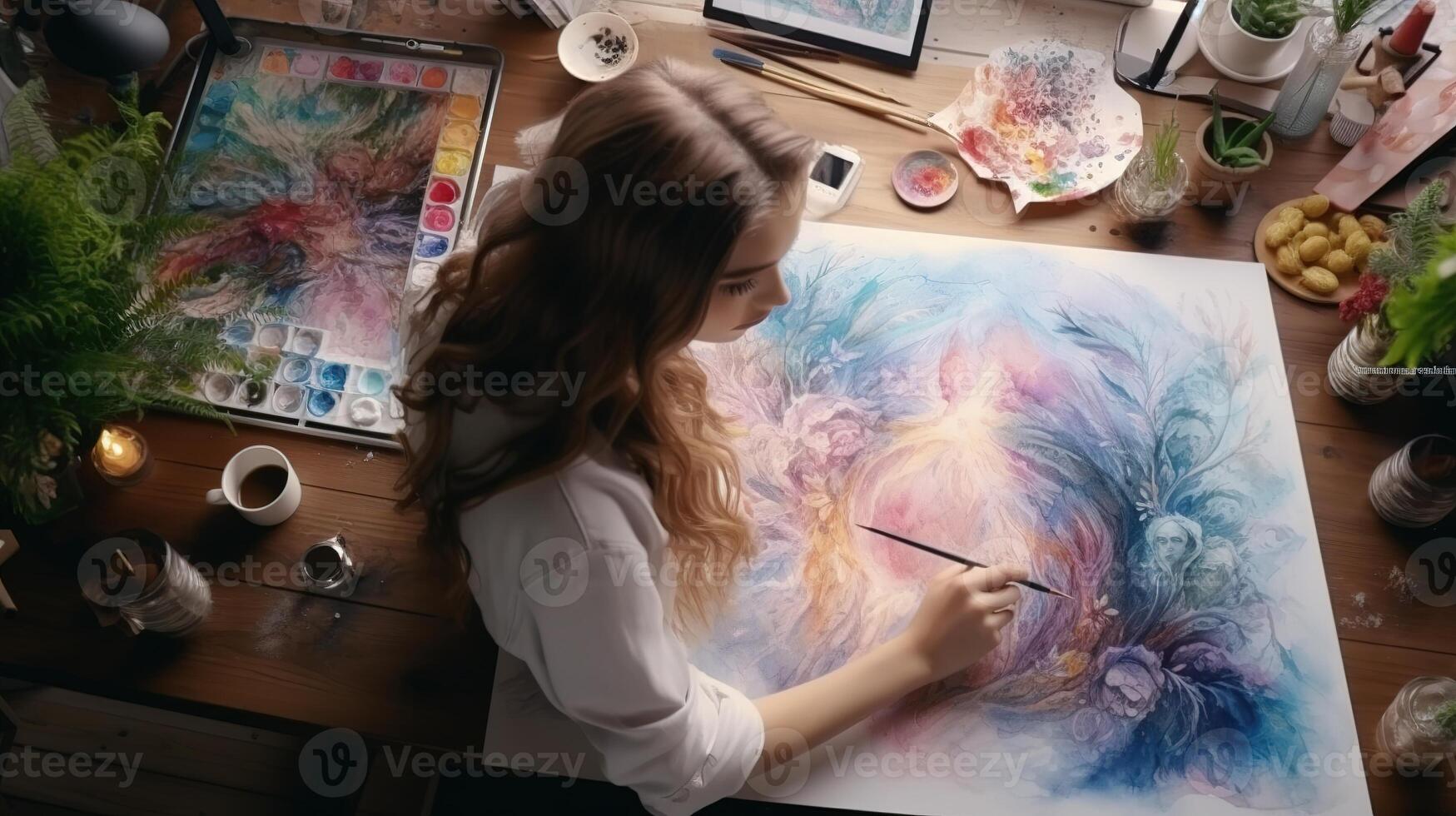 A woman is painting on a table with a brush photo