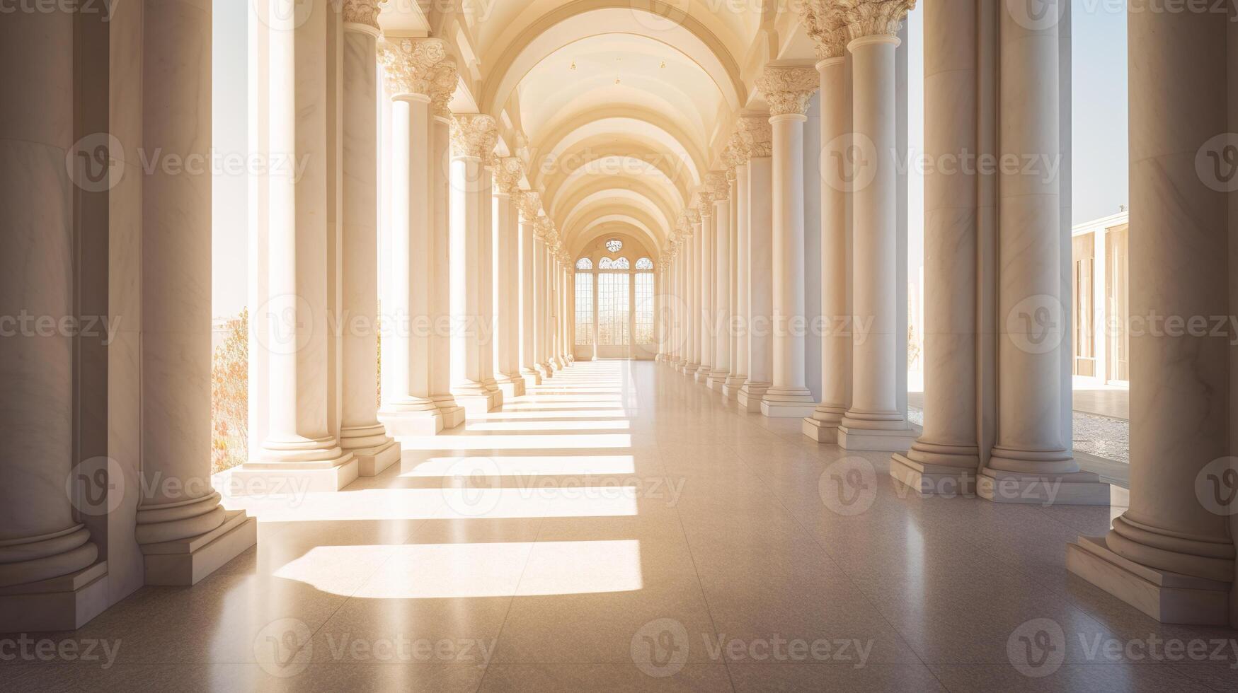 A long hallway with columns and windows photo